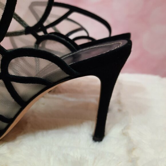 La Canadienne Black Suede Mesh Heels Sandals Size 39 US 8.5 Ankle Strap Italy - Picture 6 of 12